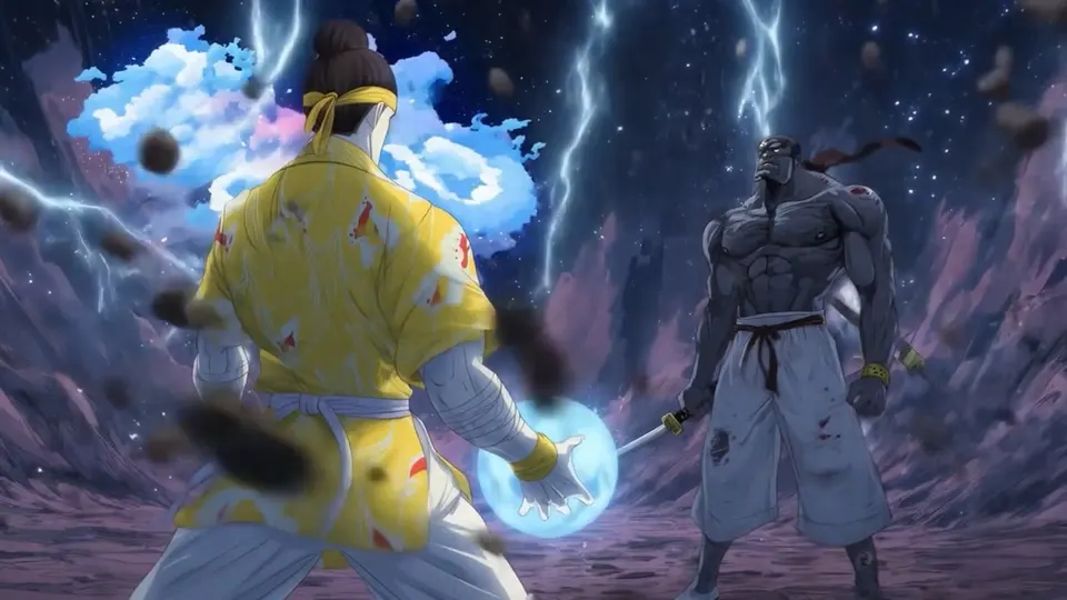 Two anime warriors facing off under lightning, one charging a blue energy orb