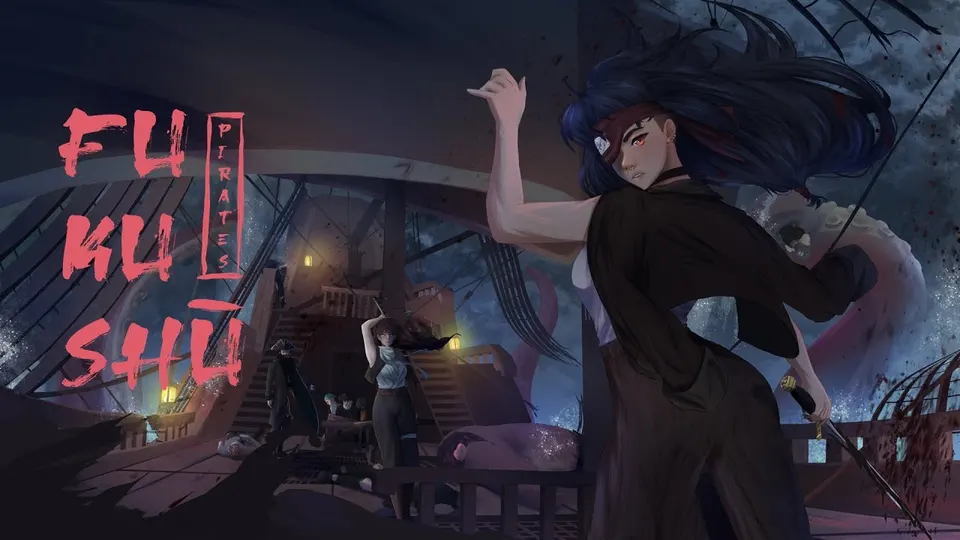 A sword-drawn pirate on a wrecked ship deck, Pirates of Fukushu key art