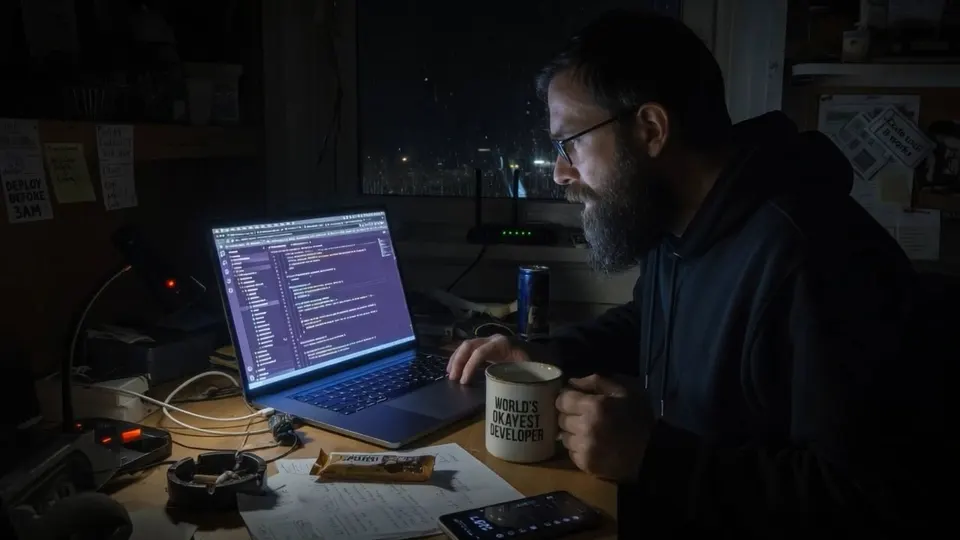 A developer working at a laptop late at night, lit by the screen