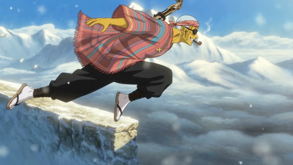 Dr. Jones in a striped poncho leaping off a snowy cliff edge above a sea of clouds