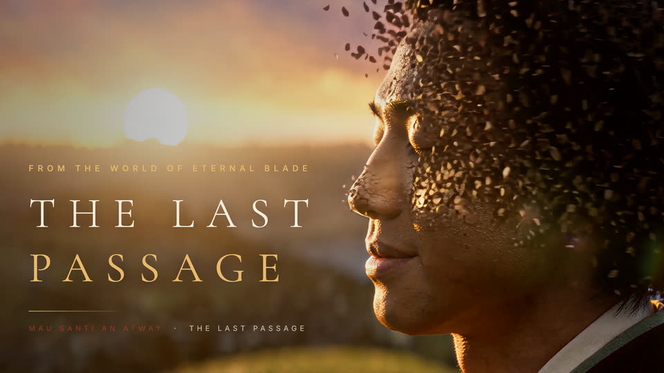 A boy in profile at sunrise, his face dissolving into drifting flakes, beside the title The Last Passage